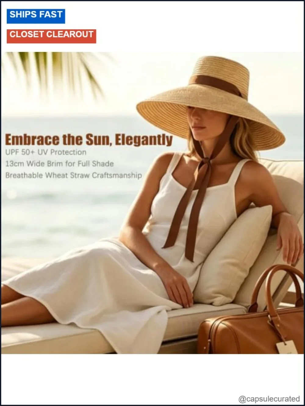 Women Straw Sun Hat Wide Brim UPF 50+ Chin Strap Beach UV Protection Adjustable